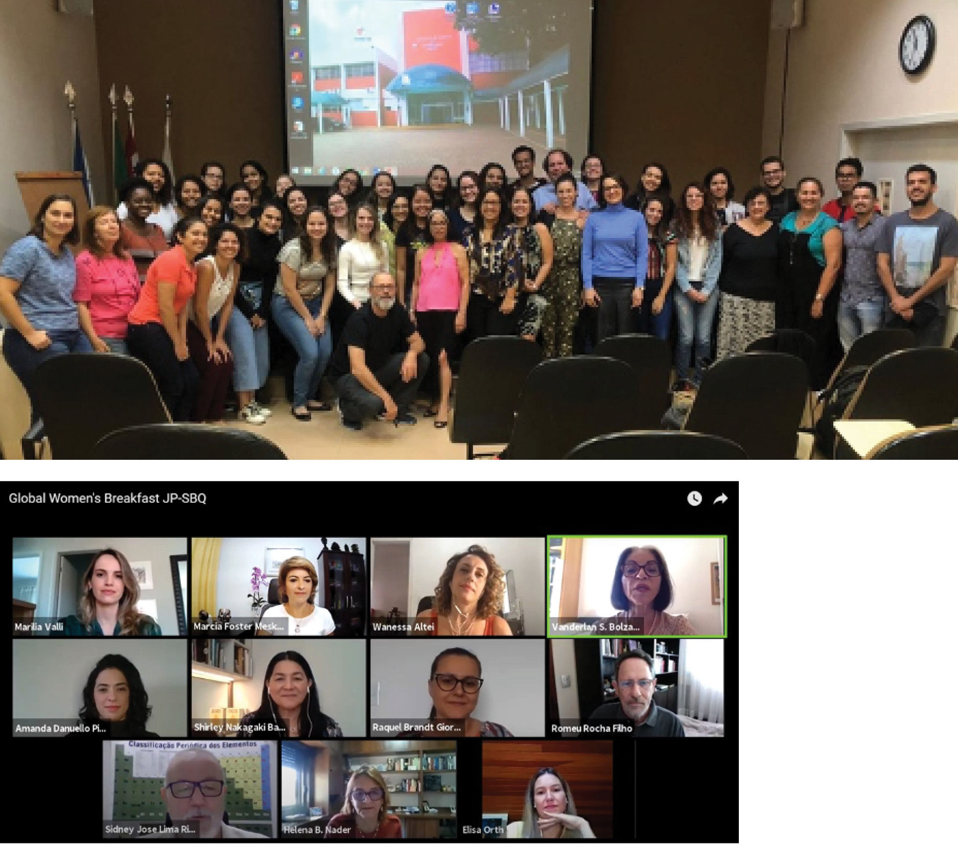  
          Figure 4. Photographs from in person (2020) and virtual (2021) GWB events organized at the University of Sao Paulo
        