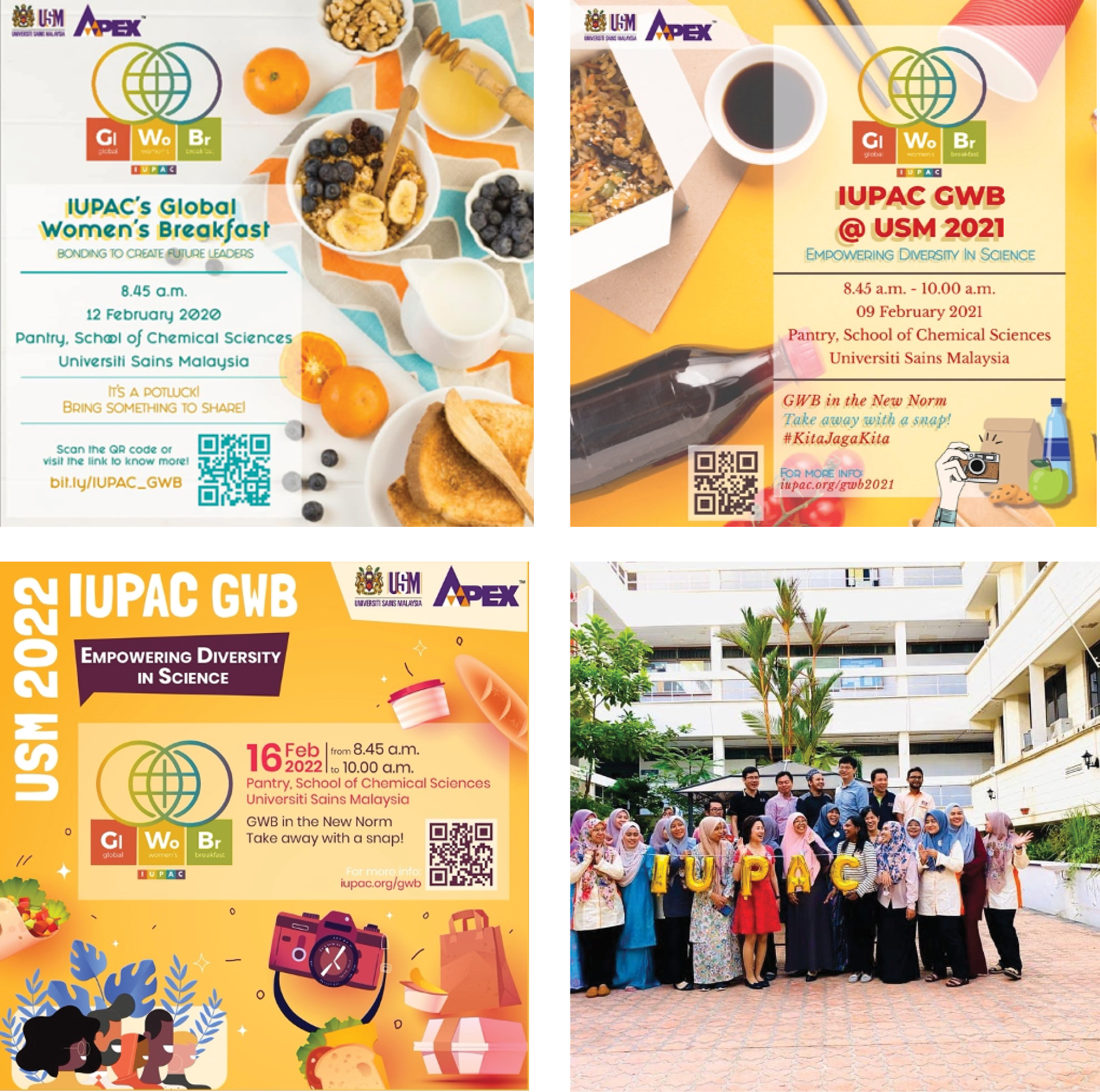  
          Figure 5. Promotional posters for GWB events in Malaysia 2020, 2021 and 2022, and a photograph of attendees at the in person GWB2020
        