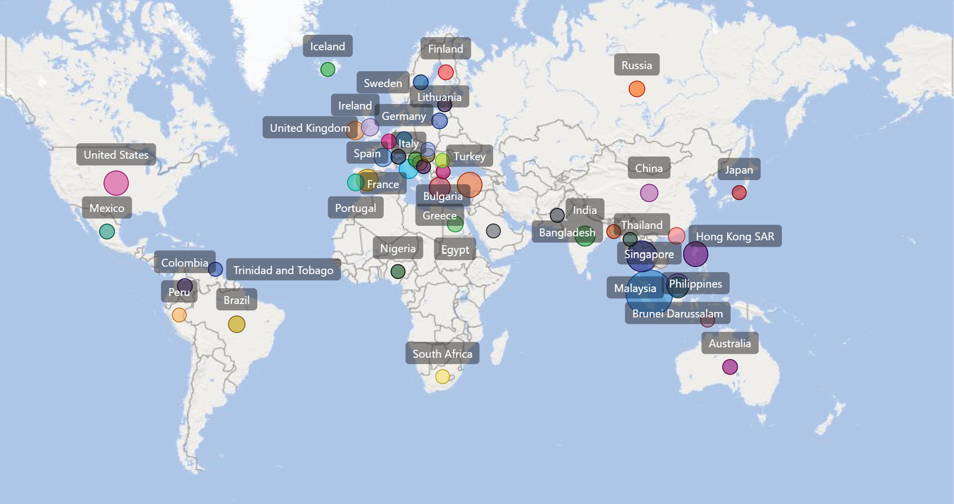 Diagram 1: A map to illustrate the degree of outreach of the online workshop. Only a subset of the countries/territories from which the participants of the workshop come from is plotted on the map due to limited space