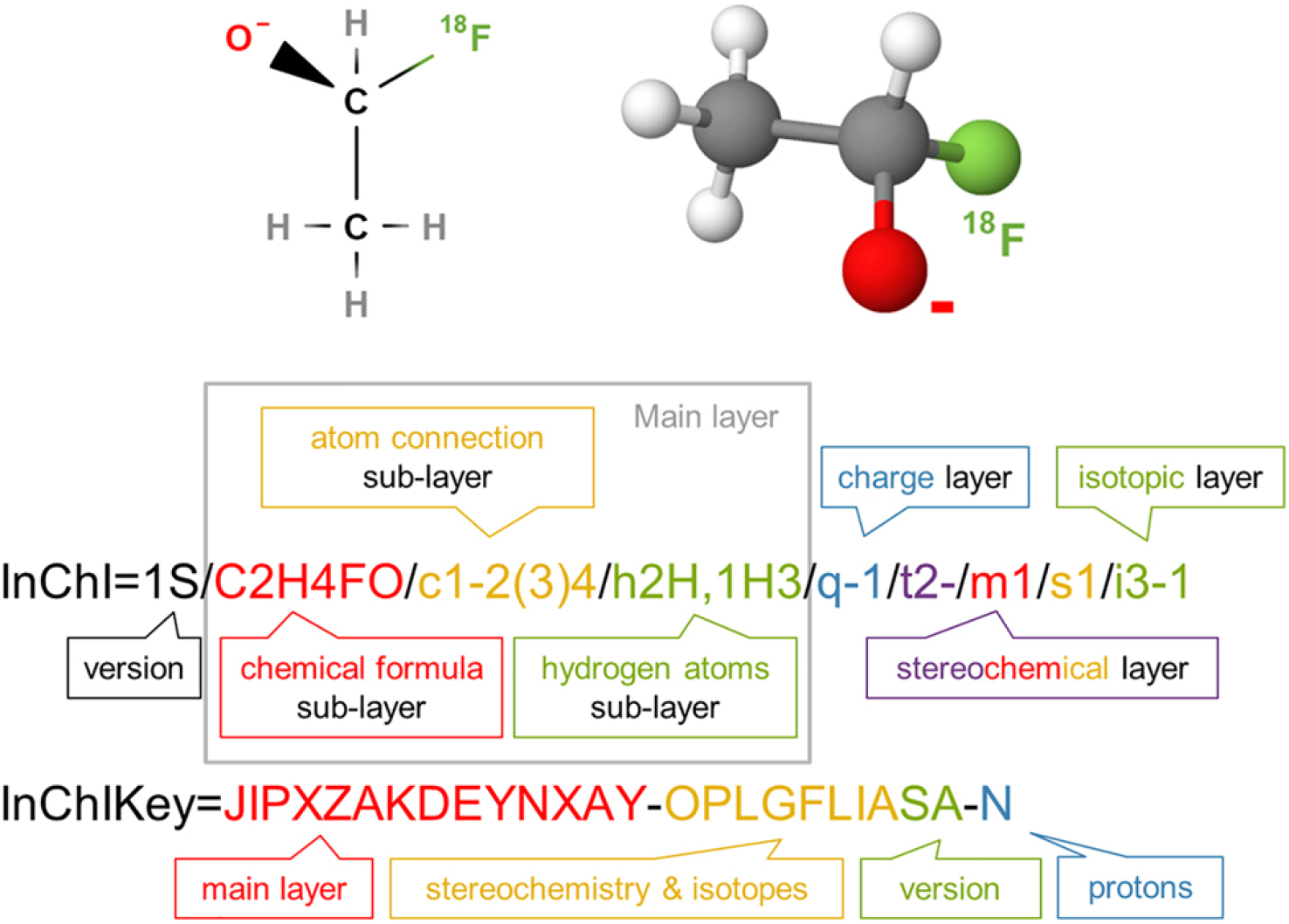  
        Layers for the standard InChI and InChIKey of (1R)-1-(18F)fluoroethanolate. Note: each layer or sublayer is separated by a forward slash.
      