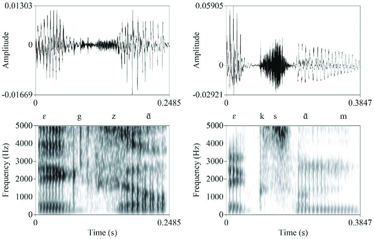 Figure 7: 
Examples of pronunciations of exemple /ɛgzãplǝ/ ‘example’. In the phrase-final variant on the left, the whole OLS cluster is absent. In the variant on the right, which is followed by du, the obstruent has become nasalised.
