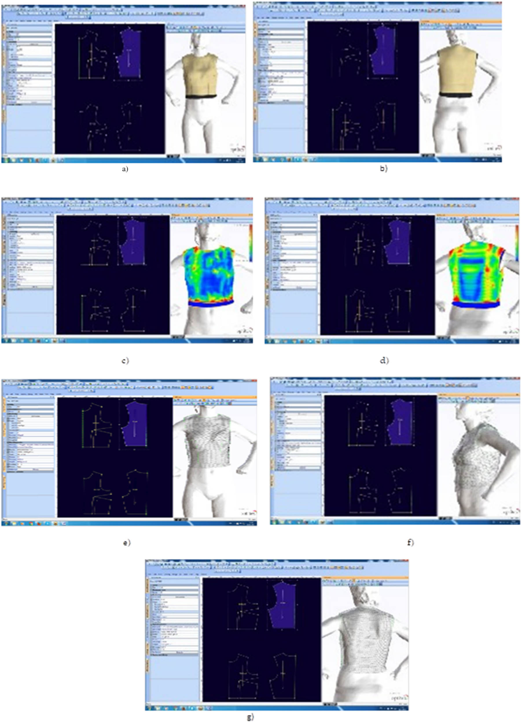 Figure 28 
                  Simulation of the vest developed from the ballistic package 1 on the avatar. (a) and (b) checking the aspect of the vest front/back, (c) and (d) checking the matching body product, (e)–(g) 3D visualization of the vest as a mesh of triangles [162].
               