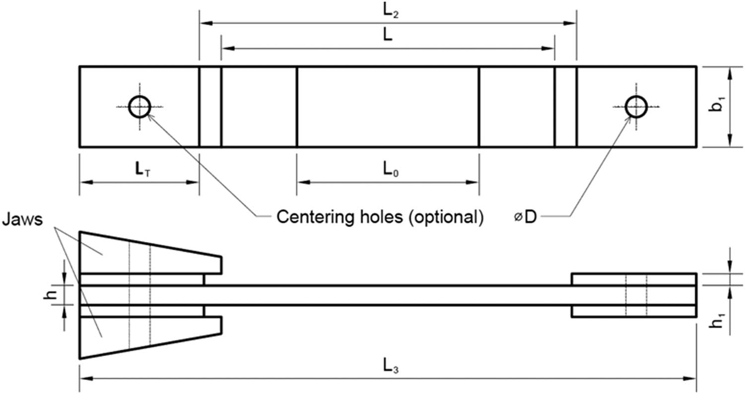 Figure 3 
                  Dimensions of the uniaxial tensile test specimen [27].
               