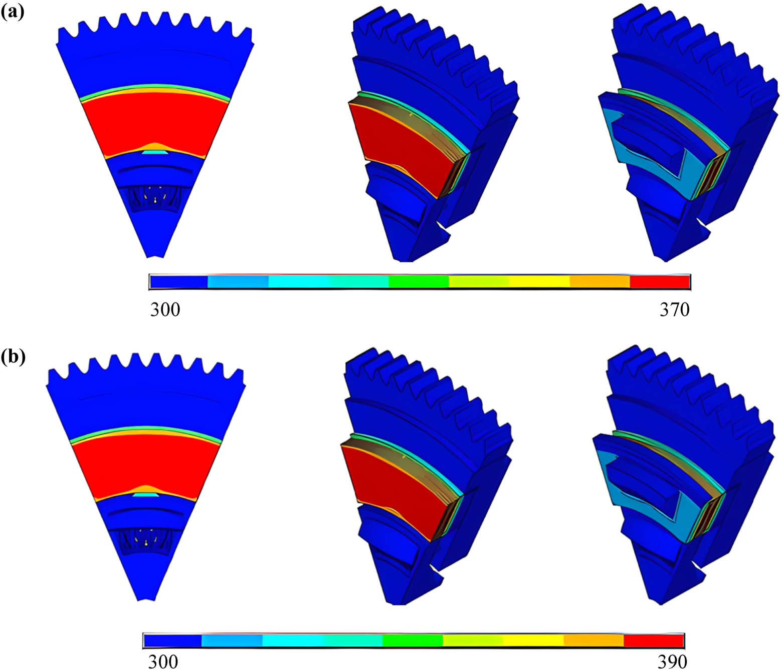 Figure 14 
               Temperature distribution of the clutch system using FGM at 0.2 s under (a) uniform wear and (b) uniform pressure.
            