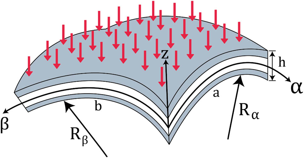 Figure 1 
               Geometry and reference system of a doubly curved panel.