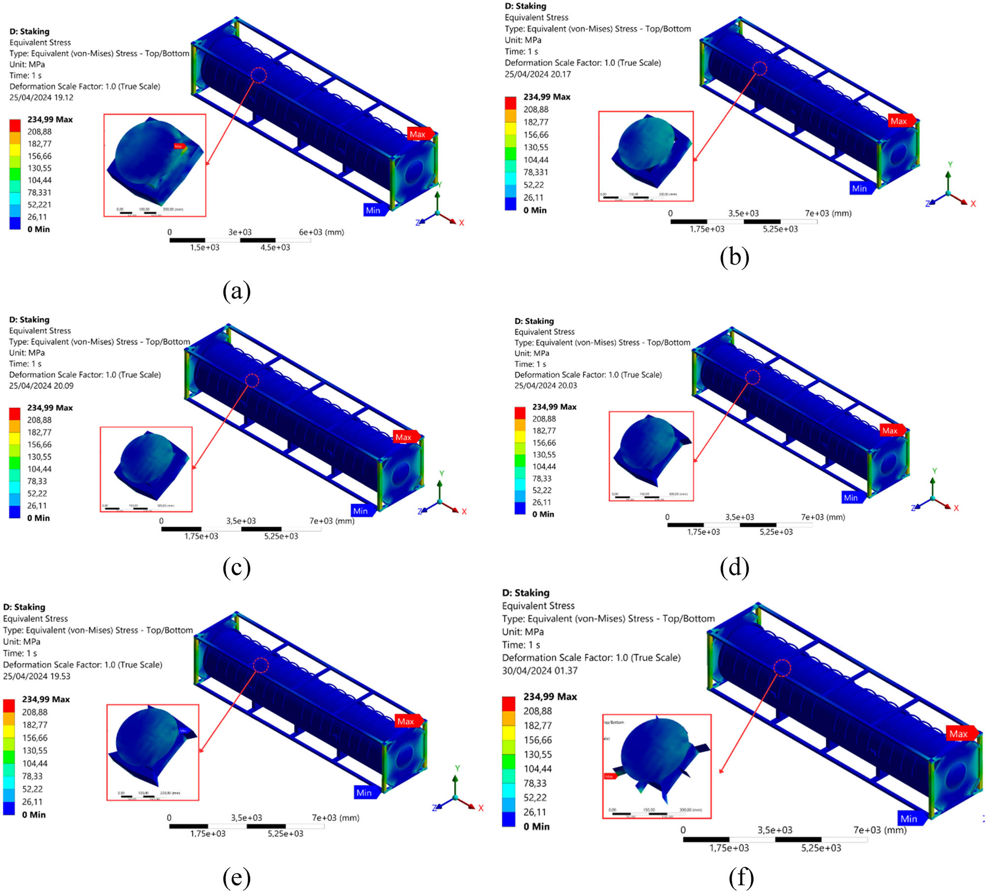 Figure 16 
                  Stress contour of the stacking loading on the LNG ISO 40 ft tank and Bakelite support for each mass retain model: (a) Intact model, (b) 90%, (c) 80%, (d) 70%, (e) 60%, and (f) 50%.
               