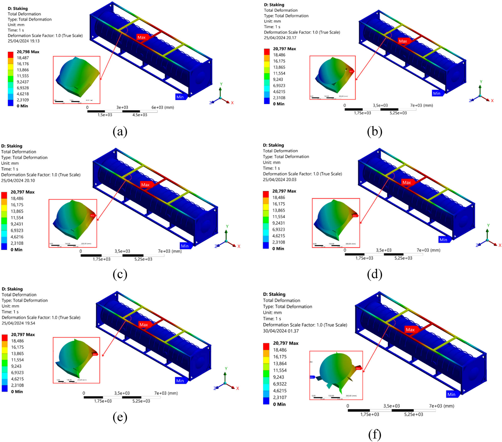 Figure 17 
                  Displacement contour of the stacking loading on the LNG ISO 40 ft tank and Bakelite support for each mass retain the model of the LNG ISO 40 ft tank: (a) Intact model, (b) 90%, (c) 80%, (d) 70%, (e) 60%, and (f) 50%.
               