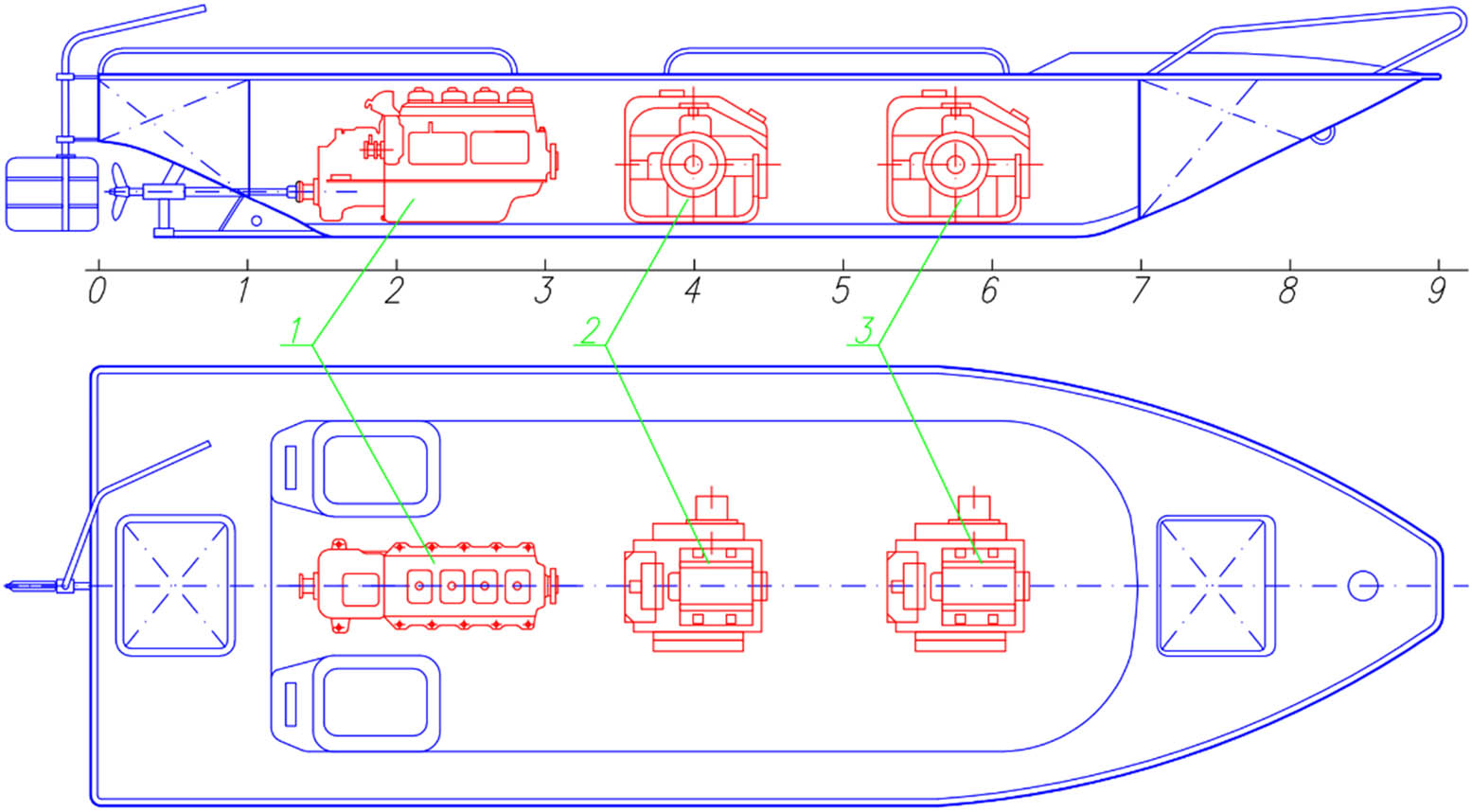 Figure 2 
               Fire-fighting boat model [2] (1 – main engine; 2 – fixed water pump; 3 – portable water pump).
            