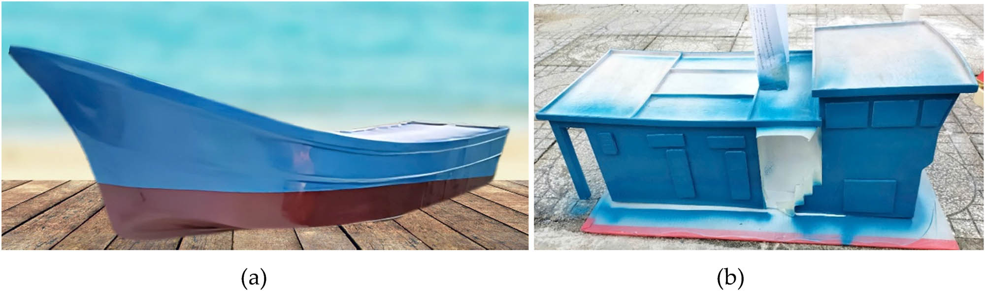 Figure 7 
                  Fabrication of the model hull: (a) hull and (b) cabin.