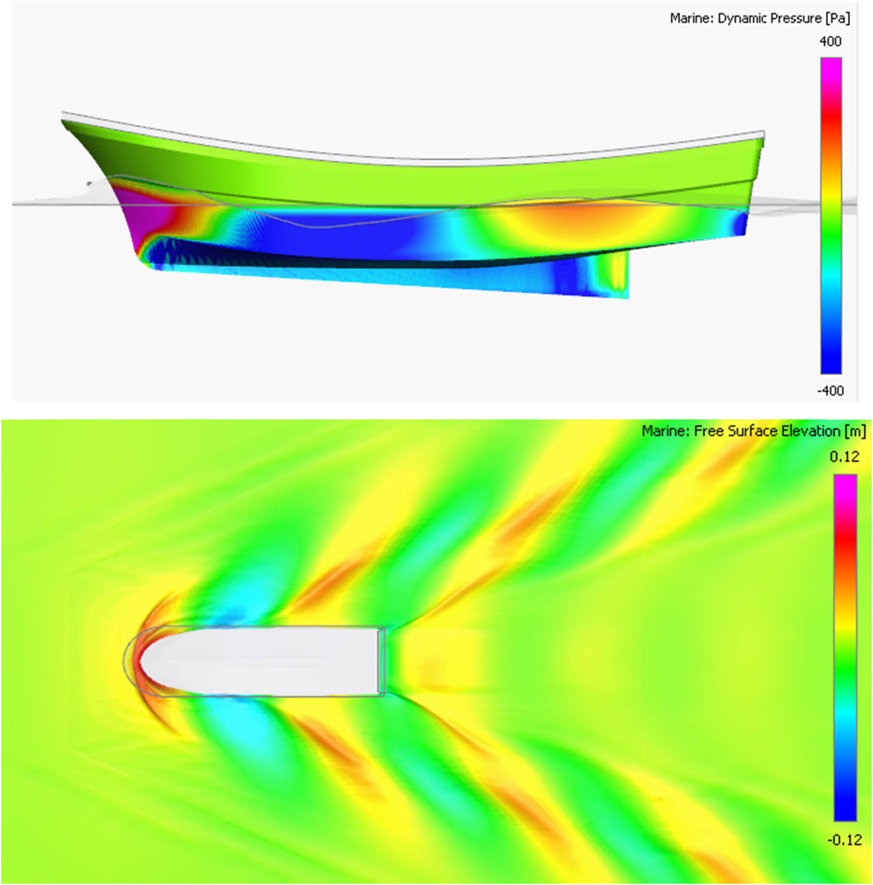 Figure 15 
                  Pressure distribution and wave patterns around the hull at a propeller shaft inclination angle of 0°.