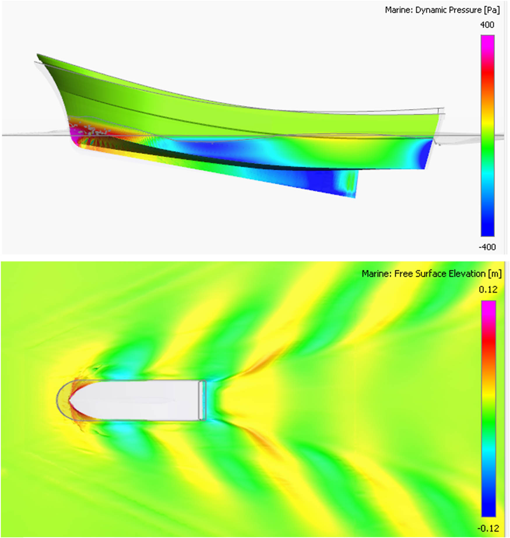 Figure 16 
                  Pressure distribution and wave patterns around the hull at propeller shaft inclination angles of 6° and 7°.