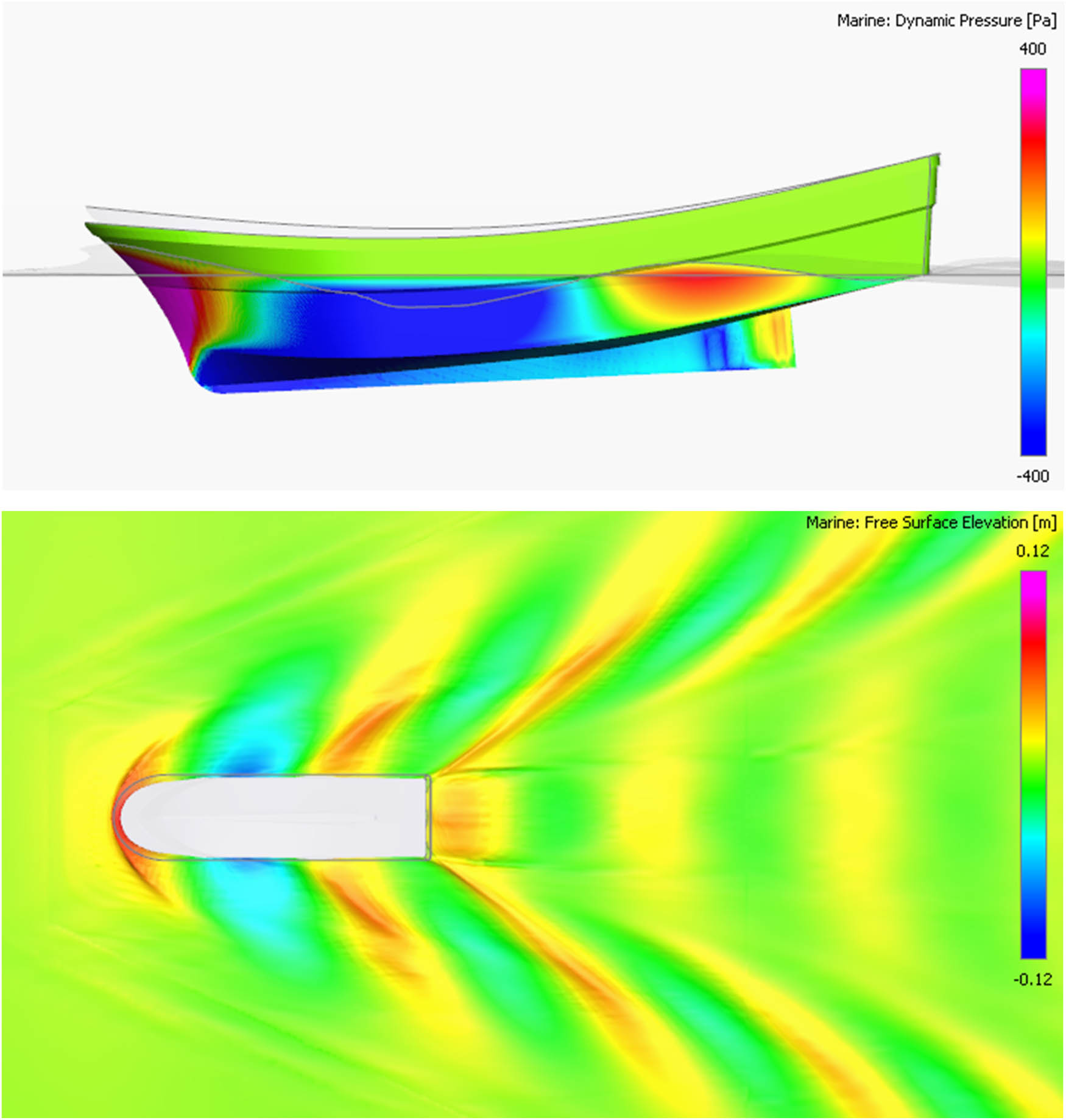 Figure 17 
                  Pressure distribution and wave patterns around the hull at a propeller shaft inclination angle of 15°.