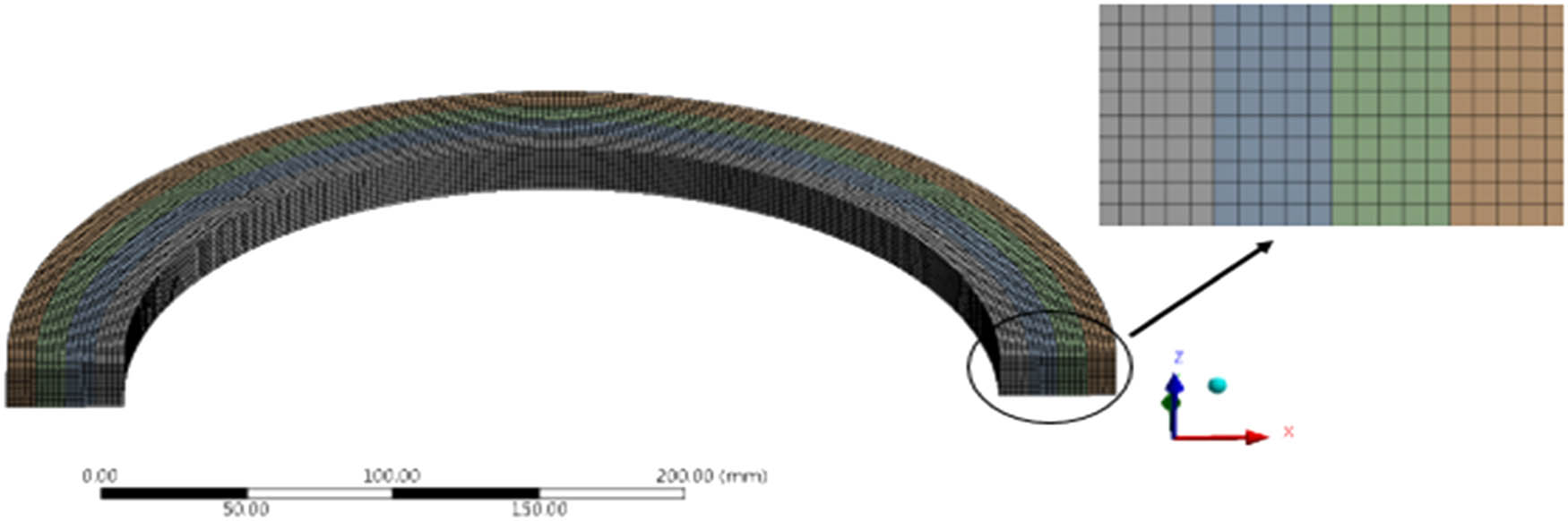 Figure 2 
               Mesh details of the FGM curved beam model.
            