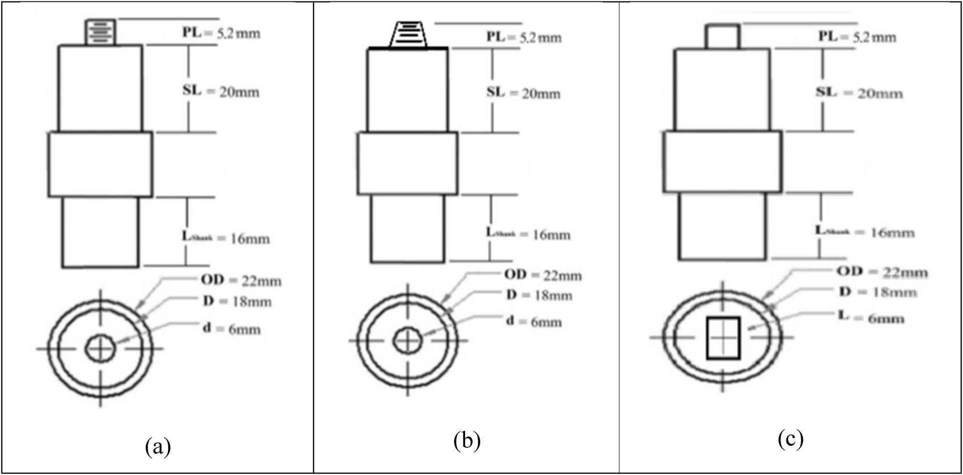 Figure 2 
                  Tool pin profile: (a) cylindrical threaded, (b) taper threaded, (c) square headed.