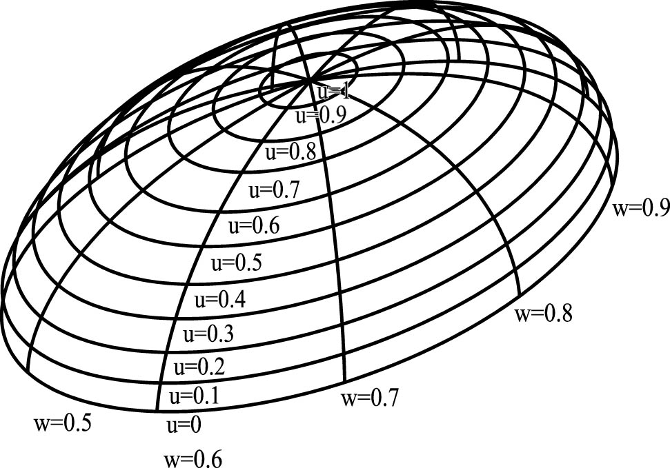 Figure 5 
                  The u and w nets on a parametric ellipsoidal surface [10].
               