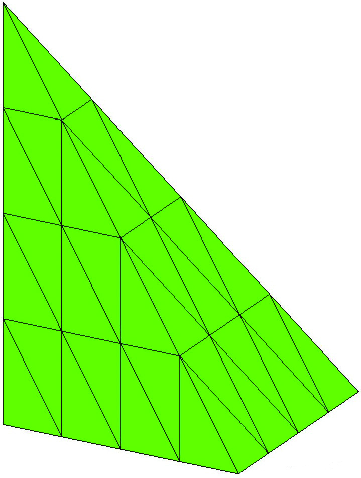 Figure 2 
                  Anisotropic triangulations after two consecutive refinements and mesh layers on an initial tetrahedron (left to right): o-tetrahedron, v- or 
                        
                           
                              
                                 v
                                 e
                              
                           
                           
                           {v_{e}}
                        
                     -tetrahedron (
                        
                           
                              
                                 κ
                                 =
                                 0.3
                              
                           
                           
                           {\kappa=0.3}
                        
                     ), e-tetrahedron (
                        
                           
                              
                                 
                                    κ
                                    e
                                 
                                 =
                                 0.3
                              
                           
                           
                           {\kappa_{e}=0.3}
                        
                     ); ev-tetrahedron (
                        
                           
                              
                                 
                                    κ
                                    
                                       e
                                       ⁢
                                       c
                                    
                                 
                                 =
                                 
                                    κ
                                    c
                                 
                                 =
                                 0.3
                              
                           
                           
                           {\kappa_{ec}=\kappa_{c}=0.3}
                        
                     , 
                        
                           
                              
                                 
                                    κ
                                    e
                                 
                                 =
                                 0.4
                              
                           
                           
                           {\kappa_{e}=0.4}
                        
                     ).
               