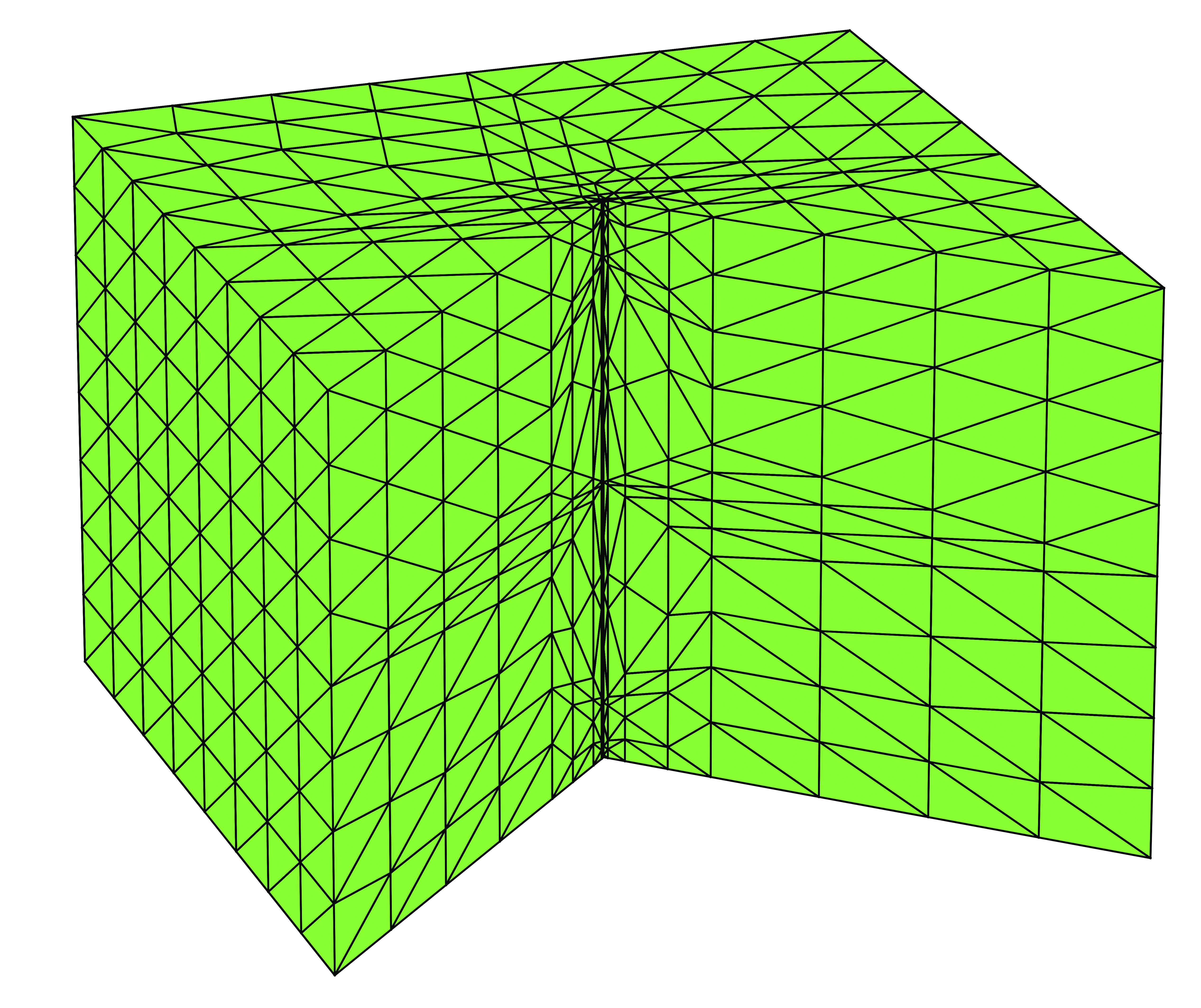 Figure 3 
               Graded meshes on the prism domain (left to right): the initial mesh, mesh after one refinement, mesh after three refinements (
                     
                        
                           
                              
                                 κ
                                 e
                              
                              =
                              
                                 κ
                                 c
                              
                              =
                              0.2
                           
                        
                        
                        {\kappa_{e}=\kappa_{c}=0.2}
                     
                  ).
            