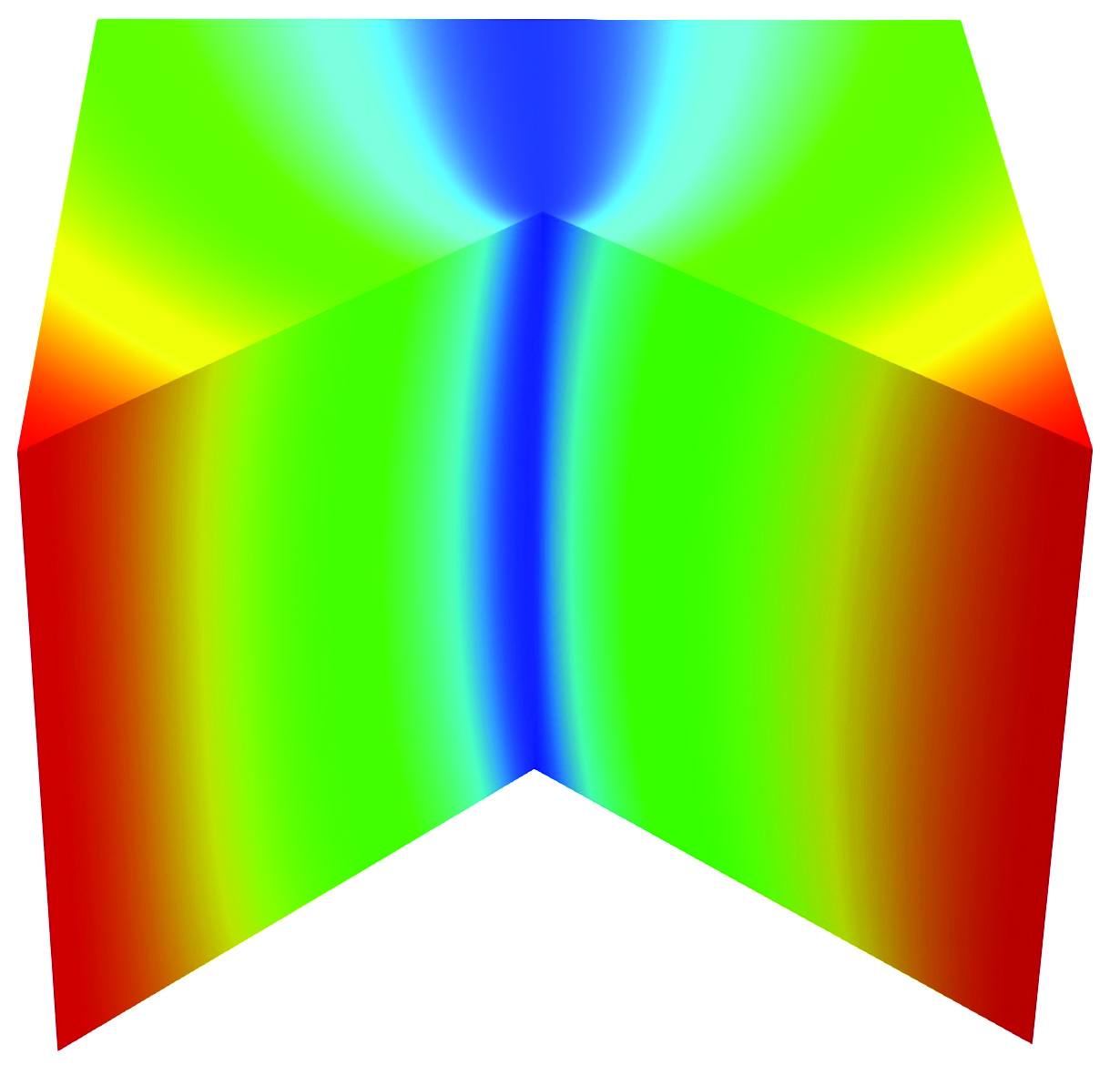 Figure 4 
               Example 8.1 (two Neumann faces): the top view of 
                     
                        
                           
                              Ω
                              p
                           
                        
                        
                        {\Omega_{p}}
                     
                  , top Dirichlet face marked in blue (left); the absolute value of the numerical solution (right).
            