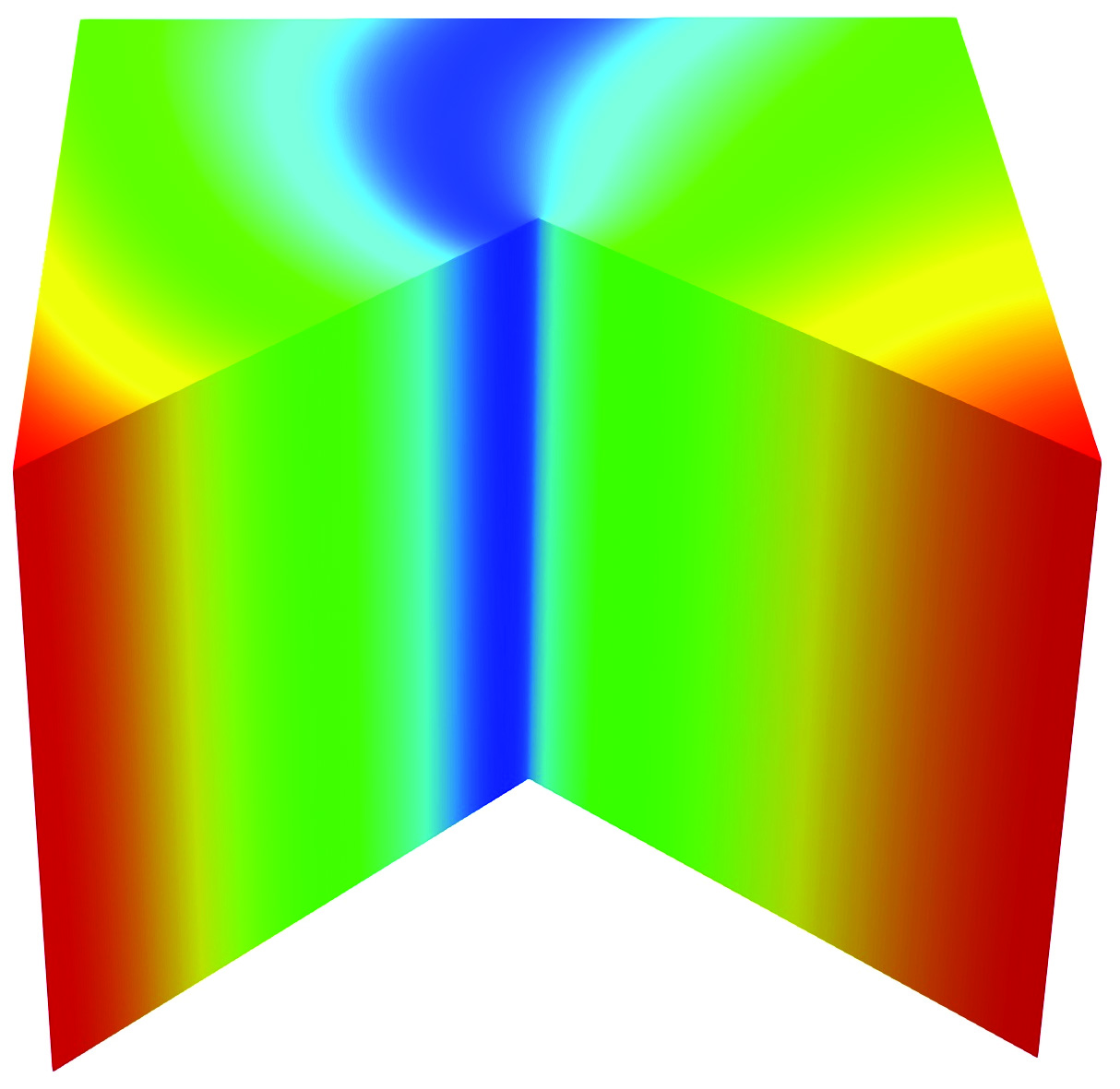 Figure 5 
               Example 8.2 (four Neumann faces): the top view of 
                     
                        
                           
                              Ω
                              p
                           
                        
                        
                        {\Omega_{p}}
                     
                  , top Neumann face marked in red (left); the absolute value of the numerical solution (right).
            