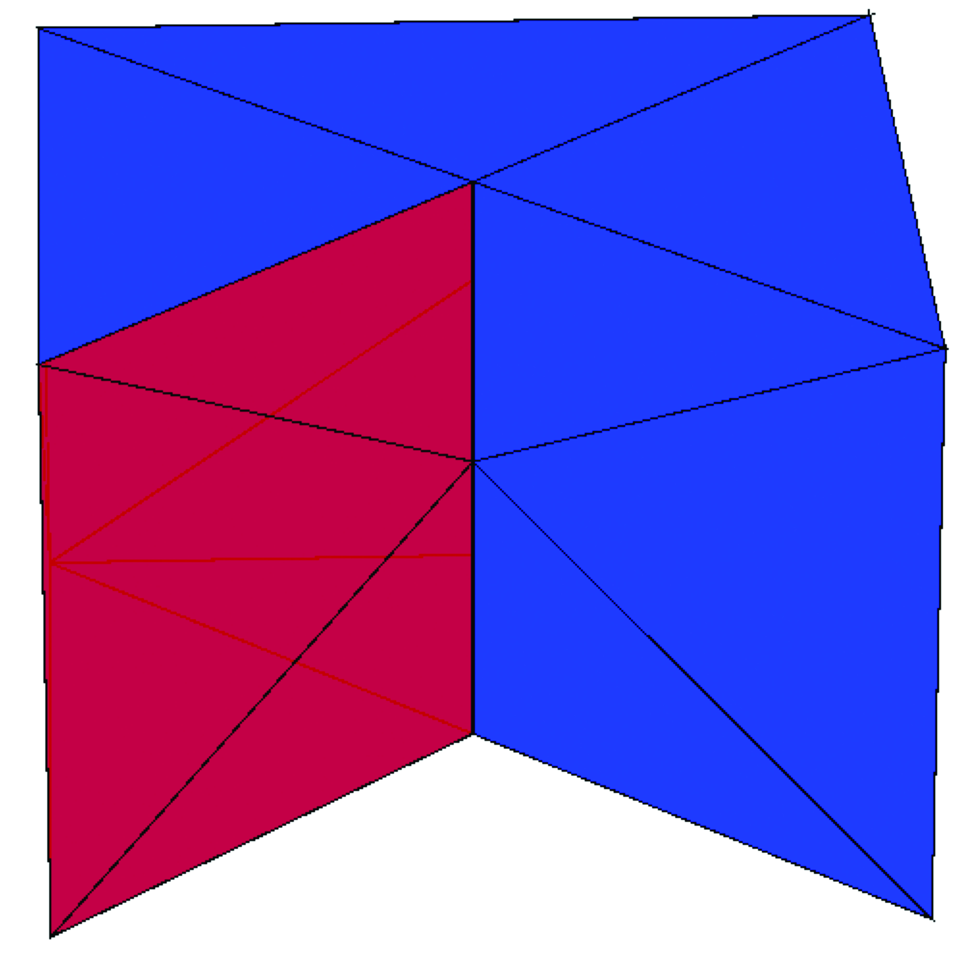Figure 6 
               Example 8.3 (a DN singular edge): Neumann face marked in red and Dirichlet face in blue (left); the numerical solution (right).
            