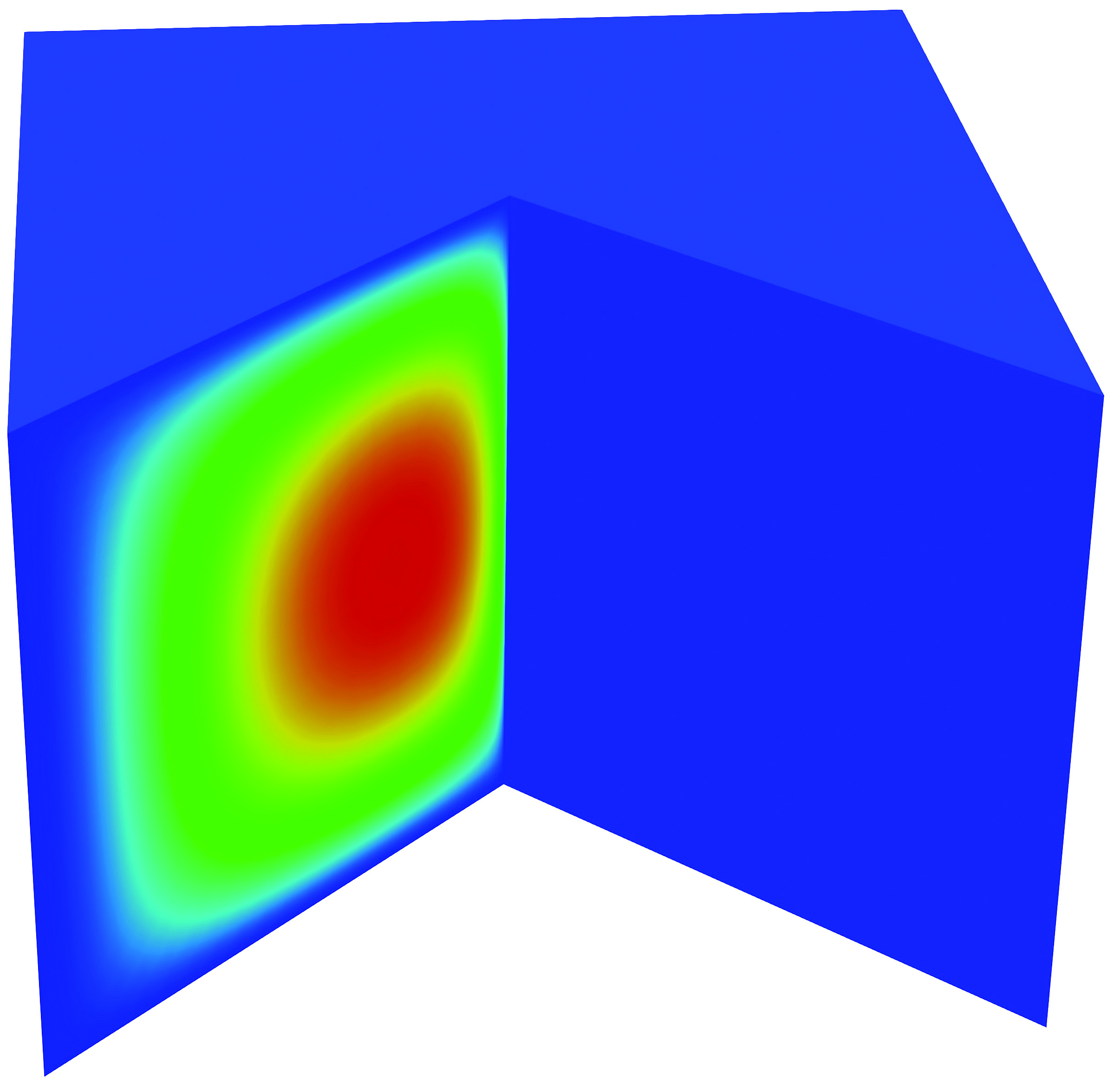 Figure 6 
               Example 8.3 (a DN singular edge): Neumann face marked in red and Dirichlet face in blue (left); the numerical solution (right).
            