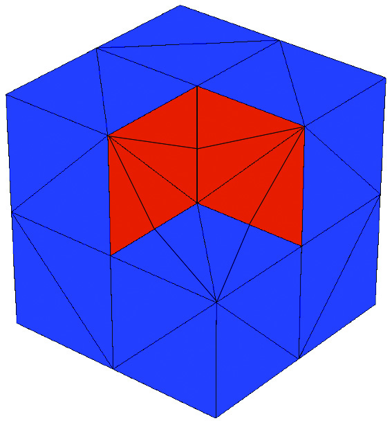 Figure 7 
               Example 8.4 (three singular edges in a Fichera domain): Neumann faces marked in red and Dirichlet faces in blue (left); the numerical solution (right).
            