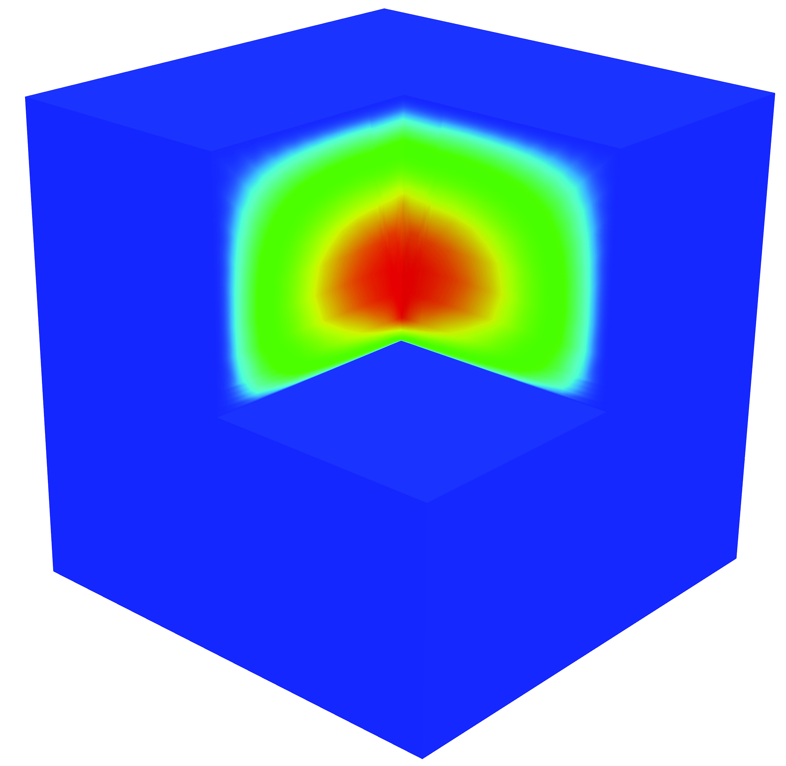 Figure 7 
               Example 8.4 (three singular edges in a Fichera domain): Neumann faces marked in red and Dirichlet faces in blue (left); the numerical solution (right).
            