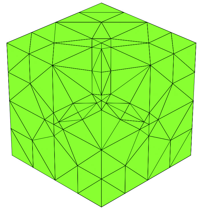 Figure 8 
               Graded meshes on the Fichera domain (left to right): the initial mesh, mesh after one refinement, mesh after three refinements (
                     
                        
                           
                              
                                 κ
                                 e
                              
                              =
                              
                                 κ
                                 c
                              
                              =
                              0.2
                           
                        
                        
                        {\kappa_{e}=\kappa_{c}=0.2}
                     
                  ).
            