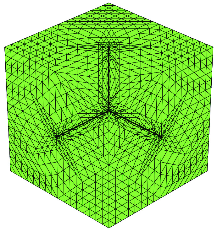 Figure 8 
               Graded meshes on the Fichera domain (left to right): the initial mesh, mesh after one refinement, mesh after three refinements (
                     
                        
                           
                              
                                 κ
                                 e
                              
                              =
                              
                                 κ
                                 c
                              
                              =
                              0.2
                           
                        
                        
                        {\kappa_{e}=\kappa_{c}=0.2}
                     
                  ).
            