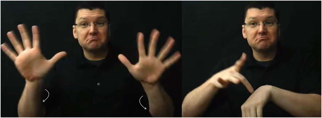 Figure 12: 
The ASL prefab [finish touch LOCATION] ‘have visited LOCATION before’ (images from https://youtu.be/UwobS6Gn0ss?t=314; only the two fixed signs are demonstrated).
