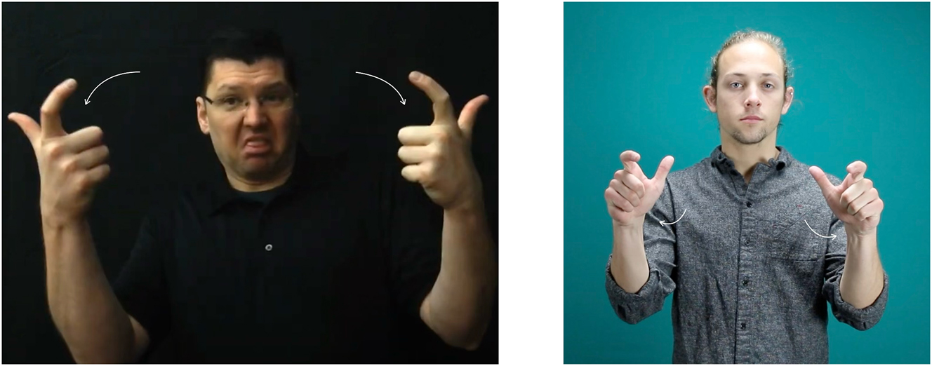 Figure 17: 
The ASL sign [arrogant] (left; image from https://youtu.be/UwobS6Gn0ss?t=66) is formed similarly to the sign [large] (right; image from https://aslsignbank.haskins.yale.edu/dictionary/gloss/772/), however it starts much closer to the signer’s head.
