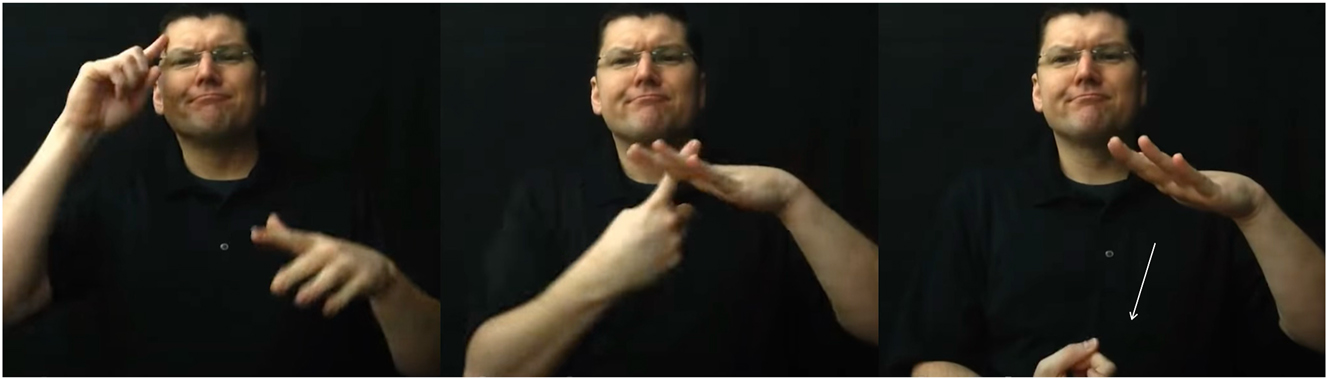 Figure 23: 
The ASL sign meaning ‘slipped my mind’ begins with the signer’s index finger contacting their forehead at the temple, before articulating a second movement under the non-dominant hand (images from https://youtu.be/UwobS6Gn0ss?t=183).
