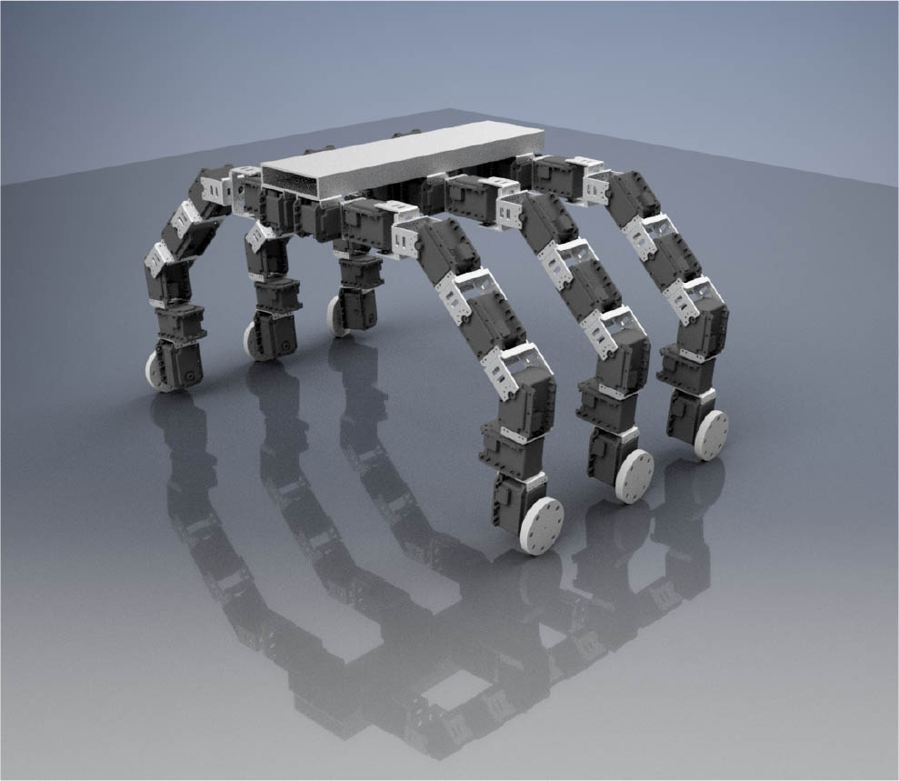 Figure 5 3D model of the robot. Each leg consists of seven servo-motors. Coxa joint moves the leg forward and backward and femur, tibia and tarsus joints lift the leg up and down. Two servomotors are part of the omni-directional chassis and one servomotor can rotate the leg in a horizontal axes.