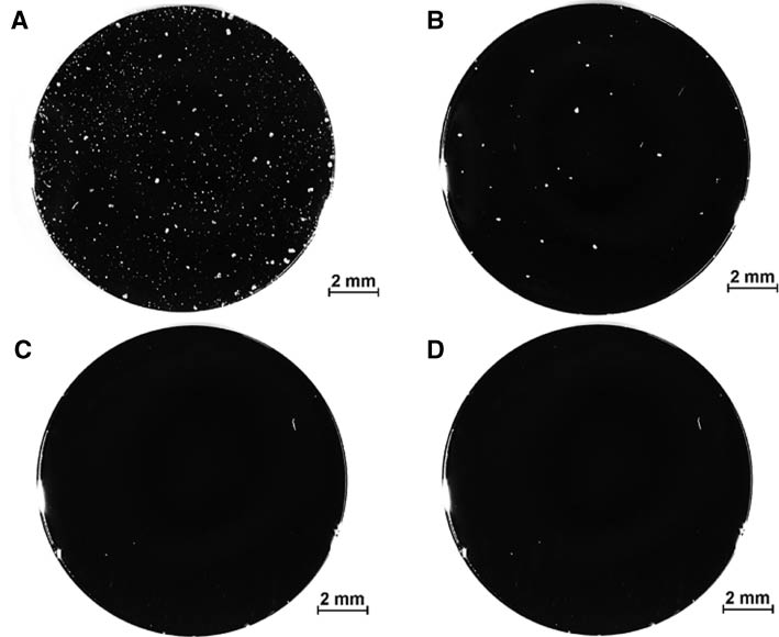 Figure 4: 
						Optical micrographs of pits observed on the steel coupons after potentiodynamic polarisation in a 0.1 m NaCl solution under different flow velocities produced by the flow cell: (A) static, (B) 1.3 cm3/s, (C) 5.5 cm3/s, and (D) 8.6 cm3/s (scan rate of 1 mV/s).
					