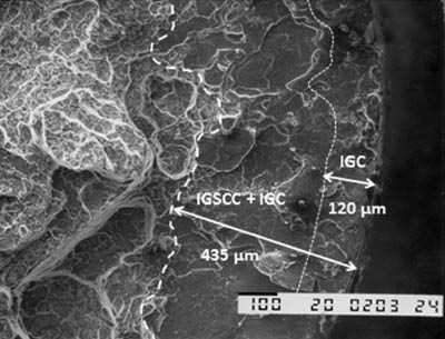 Figure 4: 
						External ring of nonductile fracture observed after pre-exposure to 0.53 m NaCl for 264 h followed by straining in laboratory air. The outermost region (~120-μm depth) is due to IGC generated during pre-exposure. The remainder (~315 μm) is IGSCC produced during the slow strain rate testing at 2×10-6/s.
					