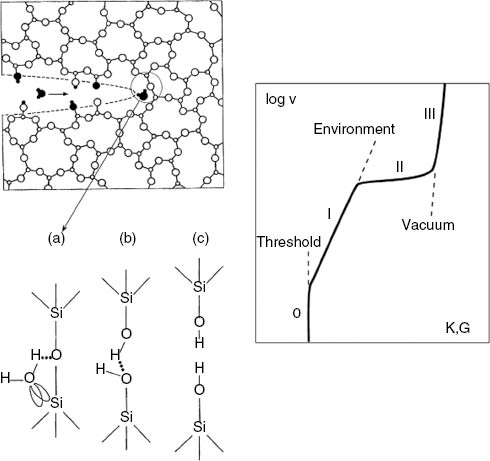 Figure 1:
Left: basic mechanisms of the stress-corrosion reactions (from Michalske & Freiman, 1983). Right: schematic v(K) diagram for subcritical crack propagation in oxide glasses.