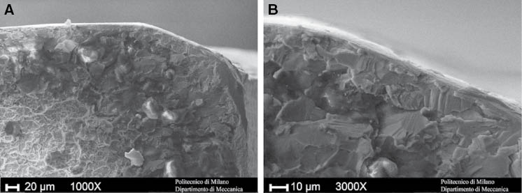Figure 9: 
						SEM observation of the sample tested in laboratory air near the crack initiation region.
						(A) 1000× and (B) 3000×.
					