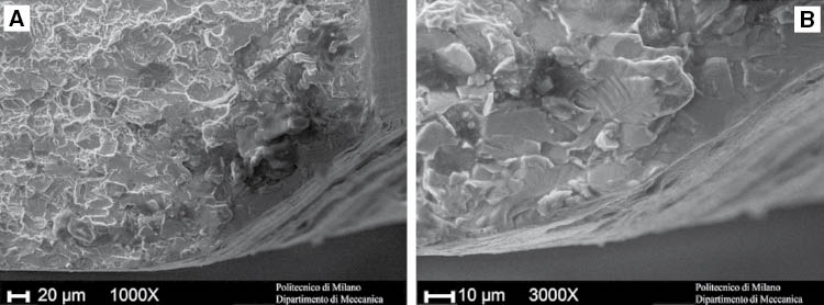 Figure 10: 
						SEM observation of the sample tested in 90% methanol solution near the crack initiation region.
						(A) 1000× and (B) 3000×.
					