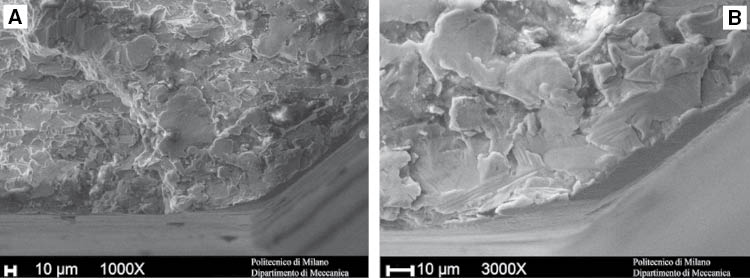 Figure 11: 
						SEM observation of the sample tested in 99.8% methanol solution near the crack initiation region
						(A) 1000× and (B) 3000×.
					