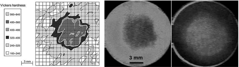 Figure 4: 
					SPEC images of hydrogen diffusion through a low-carbon X60-grade steel containing a hard spot.
					(A) Microhardness maps. (B) The martensite structure delays hydrogen diffusion during hydrogen charging. (C) After several hours of hydrogen outgassing, hydrogen remains in martensitic areas (Razzini, Cabrini, Maffi, Musatti, & Peraldo-Bicelli, 1988).
				