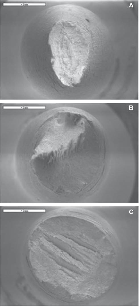 Figure 7: 
					Effect of potential on the fracture surface of the specimens of the X65B steel after the SSR tests (Cabrini et al., 2006).
					(A) -850 mV vs. SCE. (B) -900 mV vs. SCE. (C) -1050 mV vs. SCE.
				