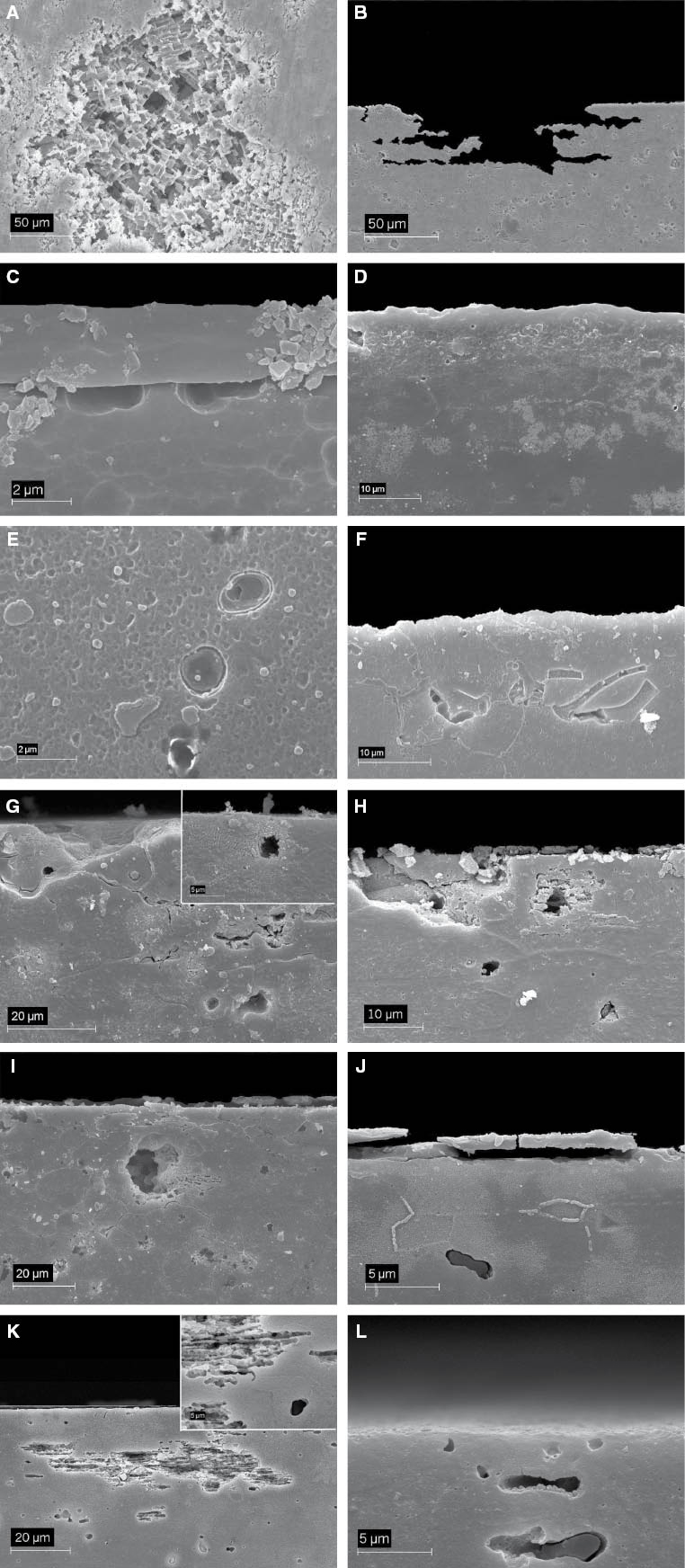 Figure 4: 
						Corrosion morphology of Al alloys after PS (10 mV/min) in air-saturated 0.6 m NaCl (pH 6.5): (A, B) Al 1050-H24 (polished), irev of 4 and 2.5 mA/cm2, respectively; (C) Al 1050-H24 (as-received), irev=5 mA/cm2; (D–F) Al 6082-T6 (polished), irev of 1, 2.5, and 5 mA/cm2; (G–I) Al 2024-T3 (polished), irev of 1, 2.5, and 5 mA/cm2; (J, K) Al 7075-T6 (polished), irev of 2.5 and 5 mA/cm2; (I) Al 7075-T6 (as-received) irev of 5 mA/cm2 (Comotti et al., 2013, reproduced with permission of John Wiley & Sons).
					
