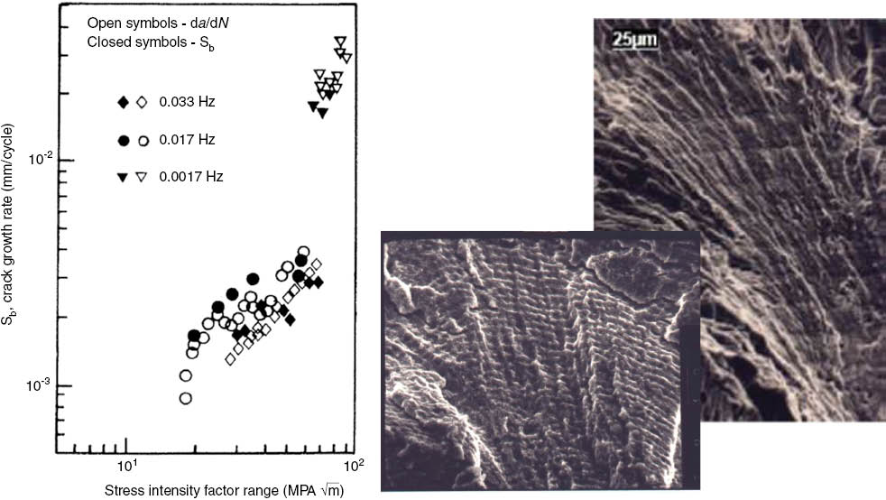 Figure 6: 
					Examples of brittle striation spacing compared with crack growth rate at different frequency.
				
