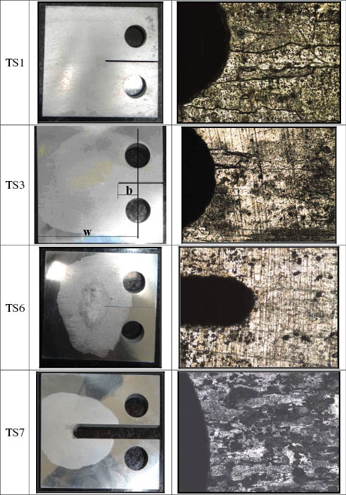 Figure 7: 
					Notched C(T)-like specimens of an annealed Al 2024 alloy after being immersed in liquid Ga for 48 h, a time much longer than the time required to measure the material resistances to EAC, all with width w=60 mm and, from top to bottom, with {b, ρ, b/w}={20 mm, 0.5 mm, 0.33}, {12 mm, 0.5 mm, 0.2}, {20 mm, 0.2 mm, 0.33}, and {40 mm, 4.5 mm, 0.67} after being tested under a peak stress σmax≅90 MPa>2·SSCC at the notch tip, or twice the stress that would lead unnotched specimens to fail by EAC.
				