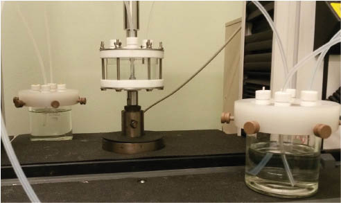 Figure 8: 
					Servo electro-mechanic machine used for the incremental 10/10/2,4 tensile tests; test vessel with a smooth 6.35-mm diameter 4140 steel test specimen used to measure its basic resistance to crack initiation under EAC, SEAC; and the vessels containing the aqueous solution of 5 wt% NaCl, 2.5 wt% CH3COOH, and 0.41 wt% CH3COONa used the aggressive environment for the SCC tests.
				