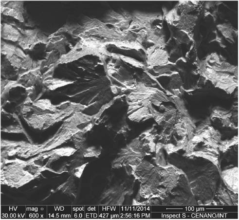 Figure 10: 
					SEM cross-section fractography of the 4140 steel tensile specimen used to measure its SEAC resistance after it was loaded by the 10/10/2,4 profile.
				