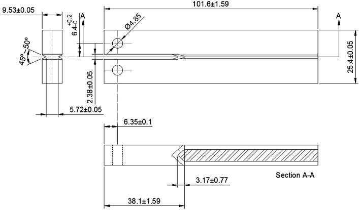 Figure 11: 
					DCB specimens used to measure the basic 4140 resistance to crack propagation under EAC conditions inside the aggressive solution, KIEAC (dimensions in mm).
				