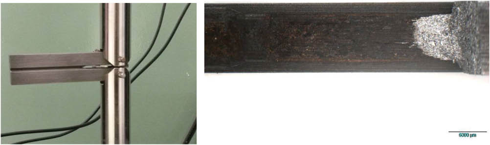 Figure 12: 
					DCB specimen loaded by an imposed displacement in a servo electromechanical testing machine at equilibrium wedge-load (left), before it was immersed in the aggressive solution, and its fracture surface after it was broken in liquid nitrogen (right).
				