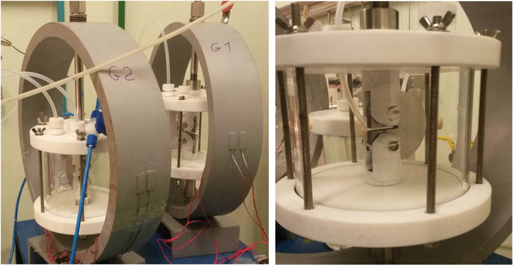 Figure 14: 
					EAC tests of the notched 4140 steel DC(T)-like specimens used to verify the tolerance to short cracks under HE conditions predicted by the model proposed here (right), immersed in the aggressive solution and assembled in proof rings (left), and a front view of one of them.
				