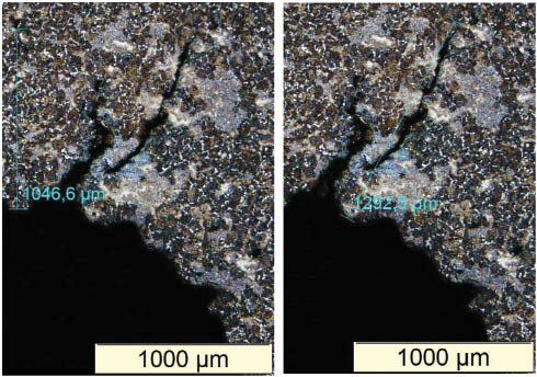 Figure 16: 
					Tip of one of the notched DC(T)-like specimen after the corrosive exposition showing the short cracks that started there but did not propagate even when exposed to a stress σmax=1.84·SEAC during a time more than twice longer than the one needed to measure the EAC crack propagation threshold by standard procedures, exactly as predicted by the model proposed here.
				